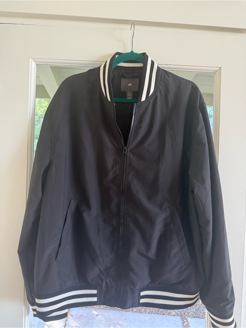 H&M Black Bomber Jacket with White Striped Ribbing
